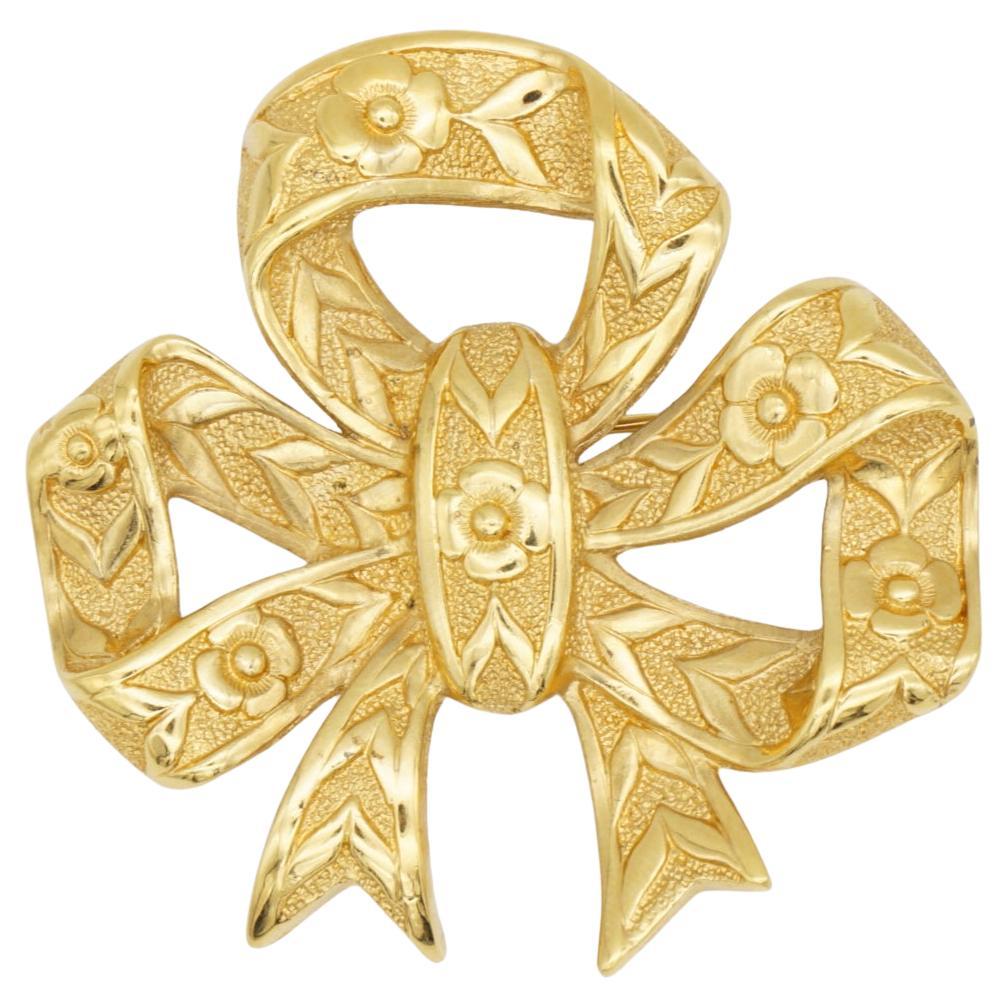 Pre-owned Burberry Vintage 1990s Gold Large Bow Ribbon Relief Flower Leaf Chunky Brooch In Multi