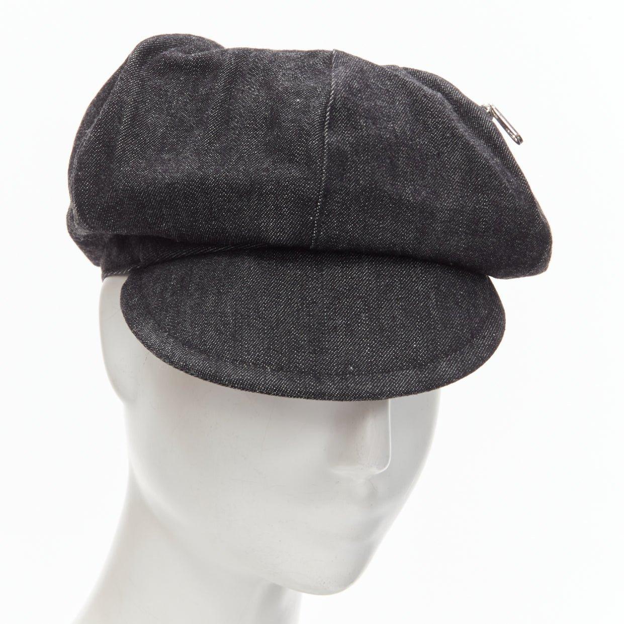 BURBERRY Vintage negro denim logo bordado cremallera bolsillo newboy sombrero Sz 54 en venta 2