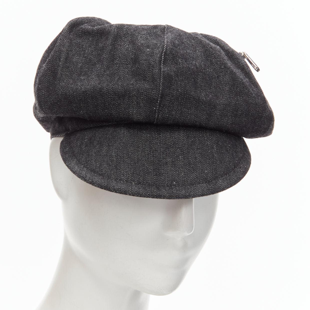 Burberry Vintage noir denim logo broderie zip poche newboy chapeau Sz 54 en vente 3