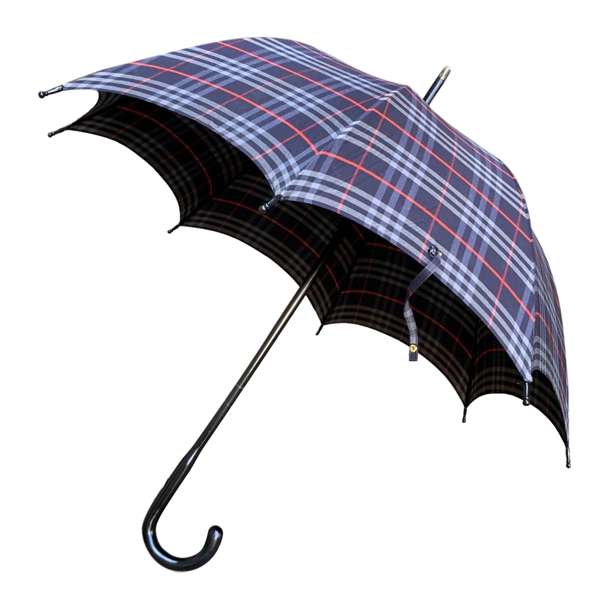 Burberry Vintage Blue Check Parasol Cane Umbrella Wood Handle