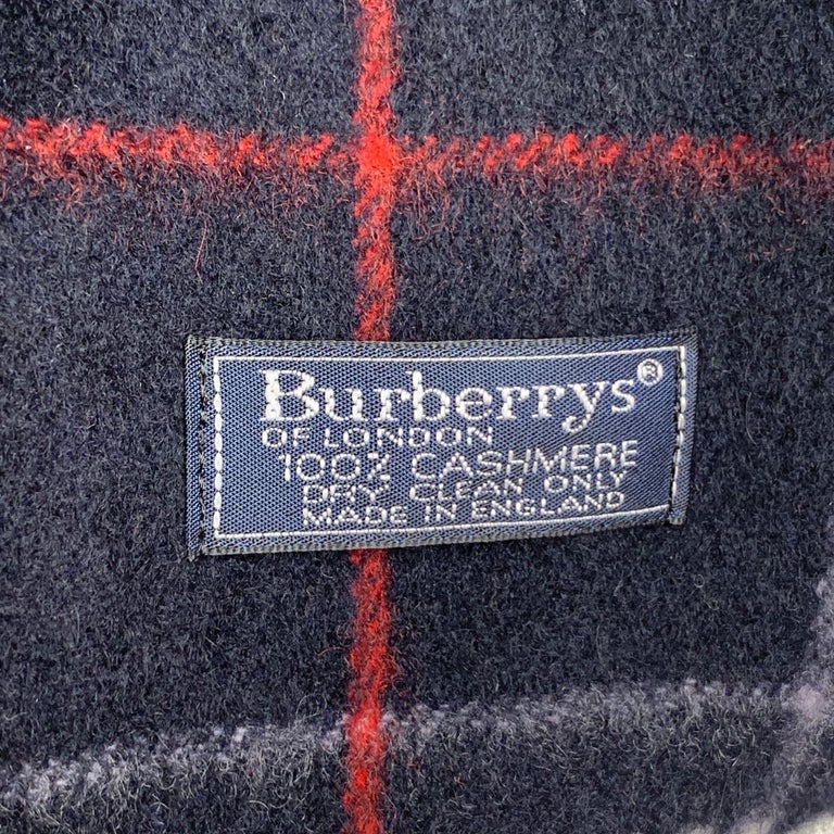 Burberry Vintage Blue Checkered Cashmere Fringed Scarf For Sale at 1stDibs