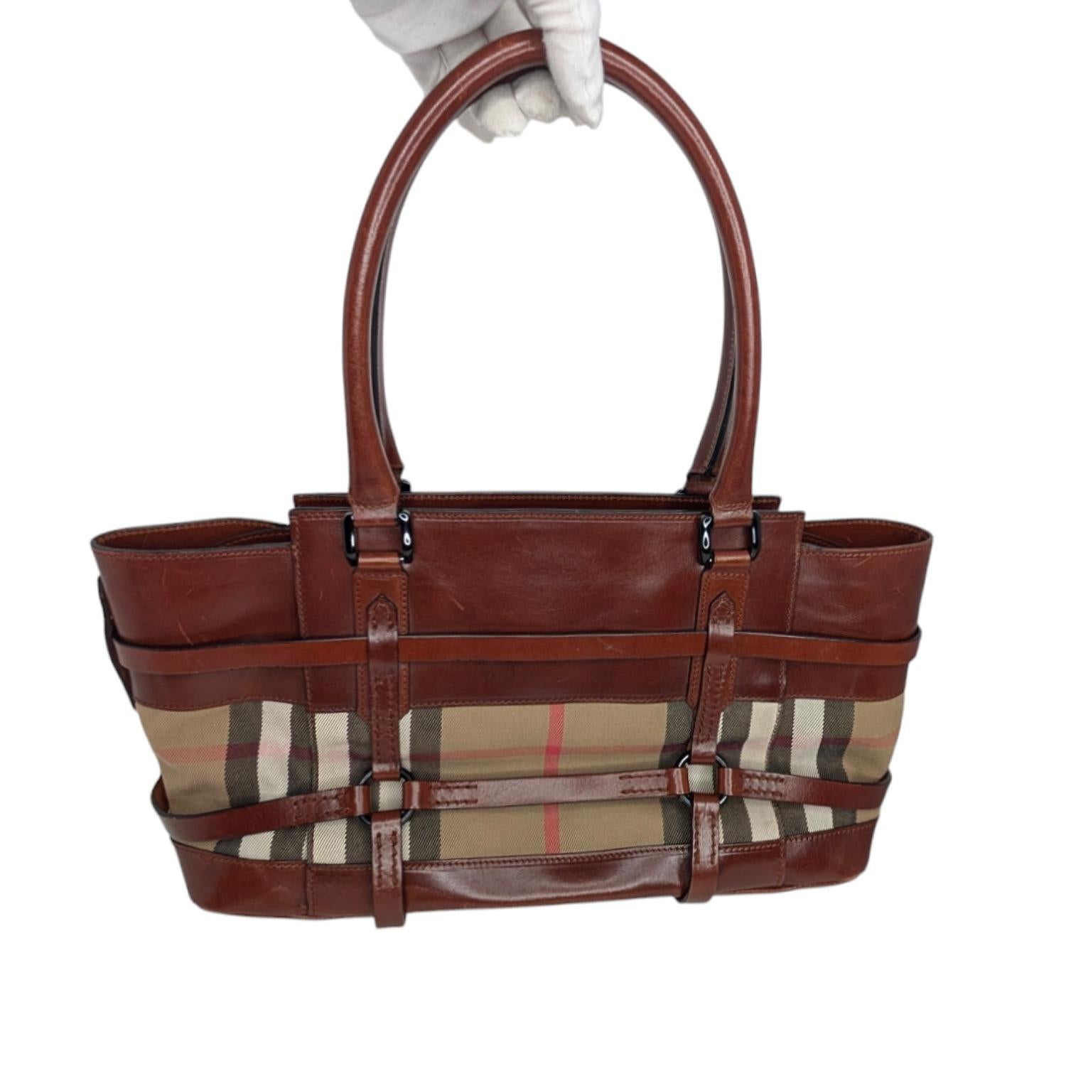 Brown Burberry Vintage Leather Bridle House Check Canvas Satchel For Sale