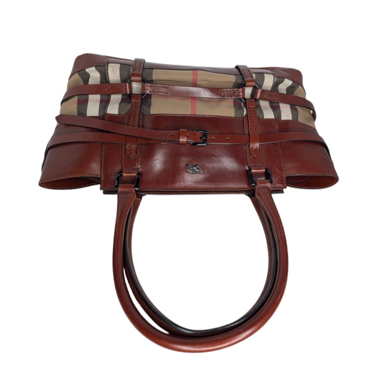 Burberry Vintage Leather Bridle House Check Canvas Satchel For Sale 1