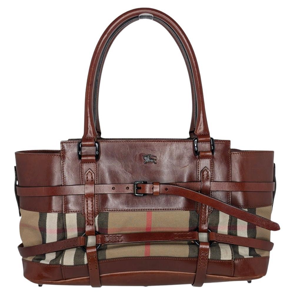 Burberry Vintage Leather Bridle House Check Canvas Satchel For Sale