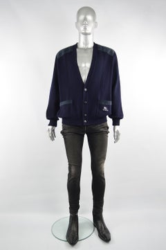 Burberry Vintage Mens Dark Blue Wool & Suede Elbow Patch Cardigan Sweater, 1980s