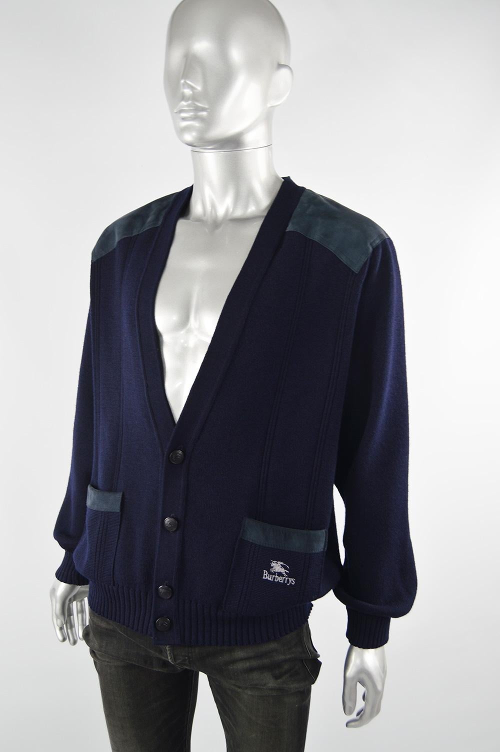 Burberry Vintage Mens Dark Blue Wool & Suede Elbow Patch Cardigan Sweater,  1980s