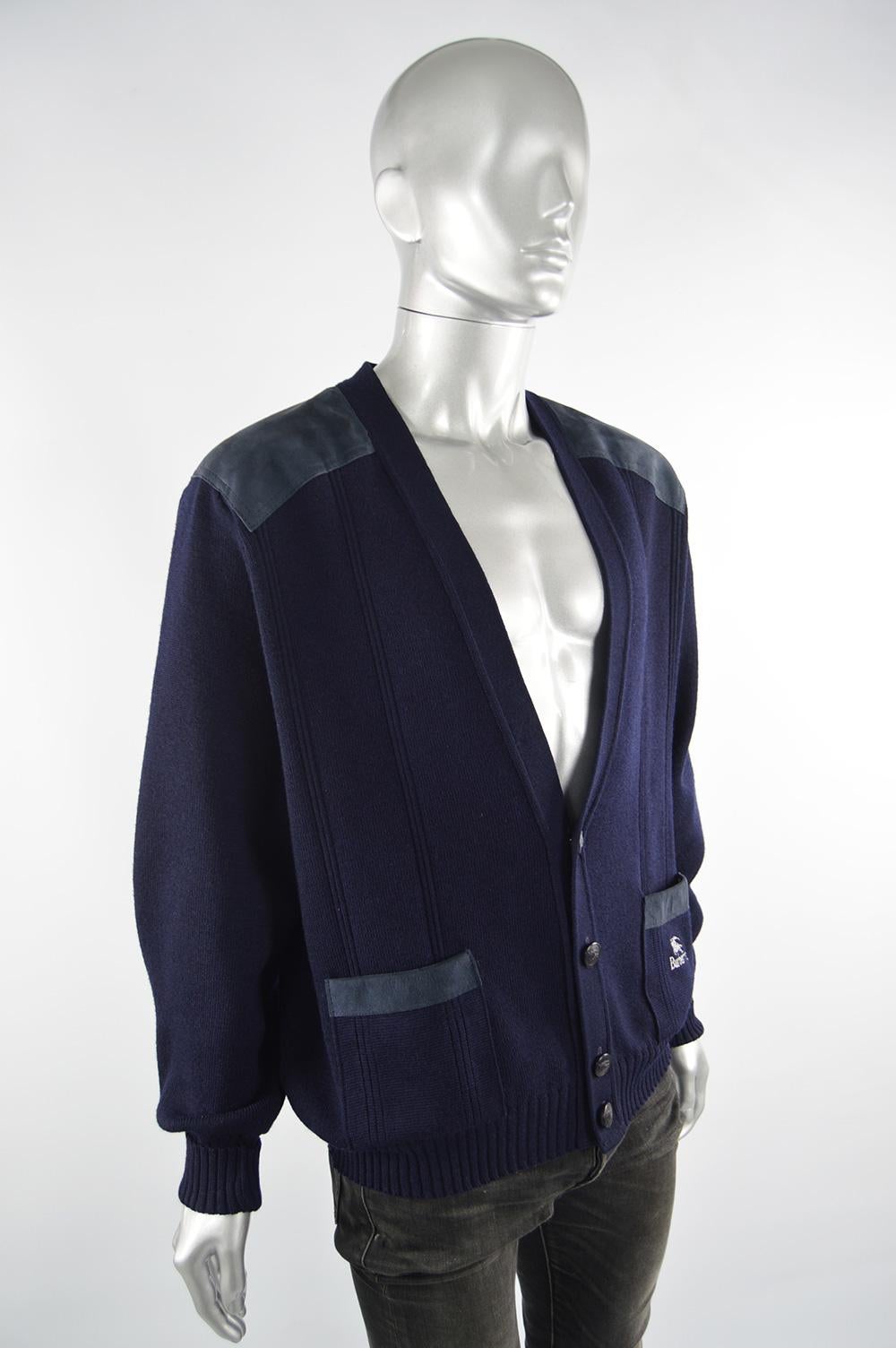 Black Burberry Vintage Mens Dark Blue Wool & Suede Elbow Patch Cardigan Sweater, 1980s