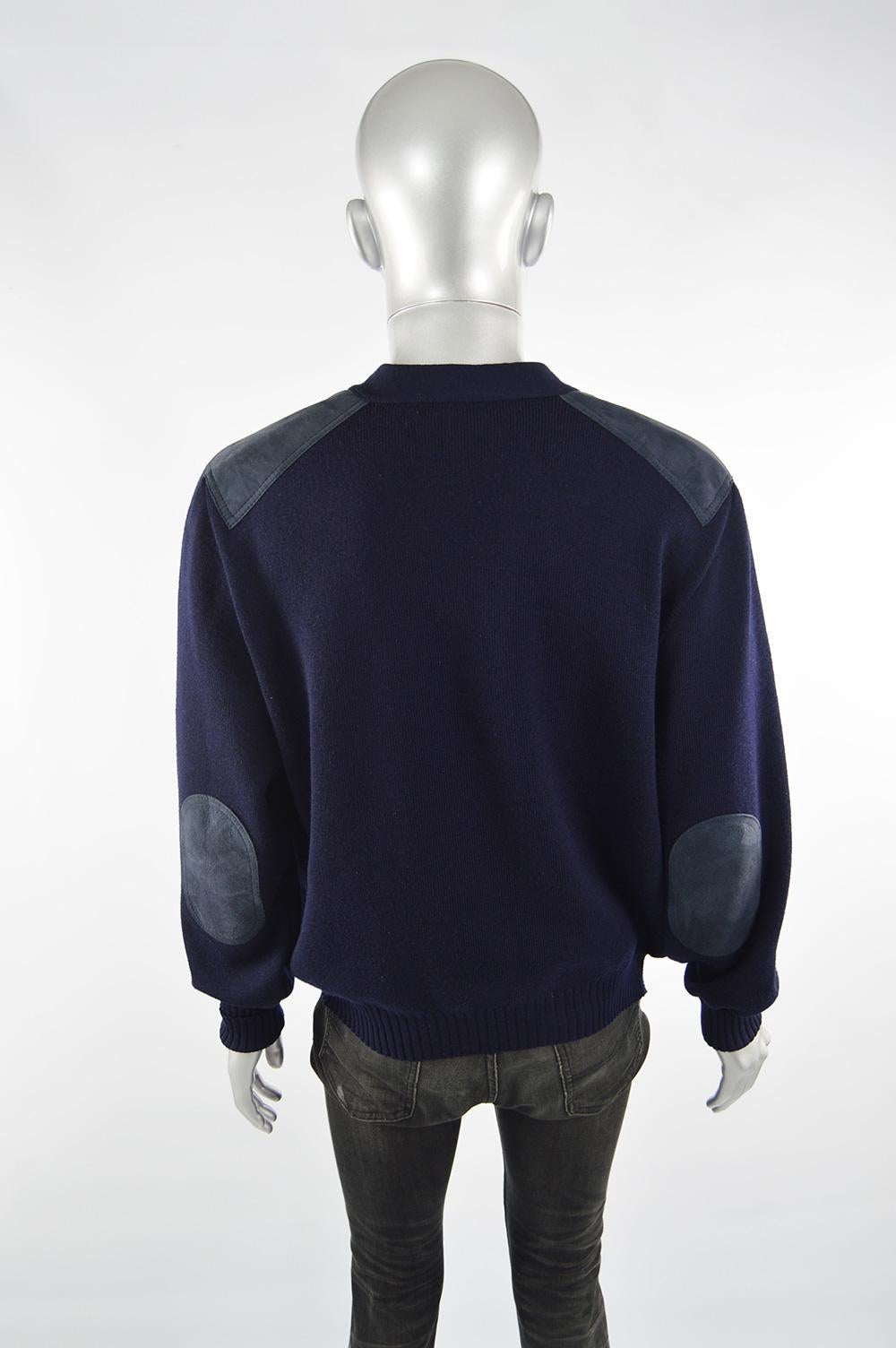 Men's Burberry Vintage Mens Dark Blue Wool & Suede Elbow Patch Cardigan Sweater, 1980s