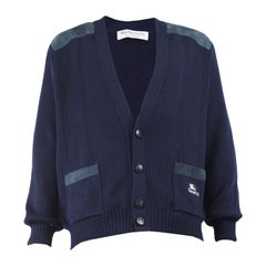 Burberry Vintage Mens Dark Blue Wool & Suede Elbow Patch Cardigan Sweater, 1980s