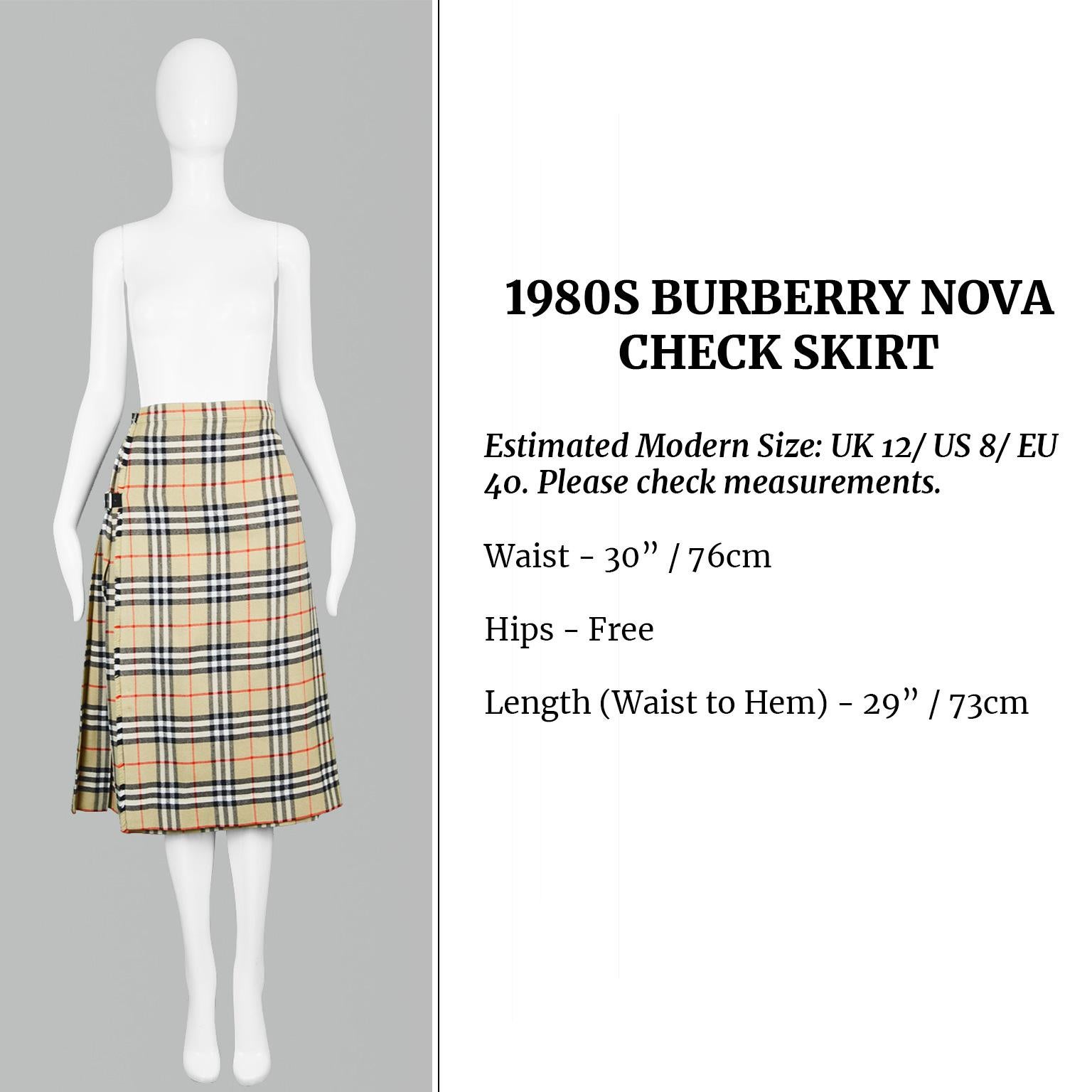Burberry Vintage Women's 100% Wool Nova Check Tartan Kilt Skirt, 1980s 5