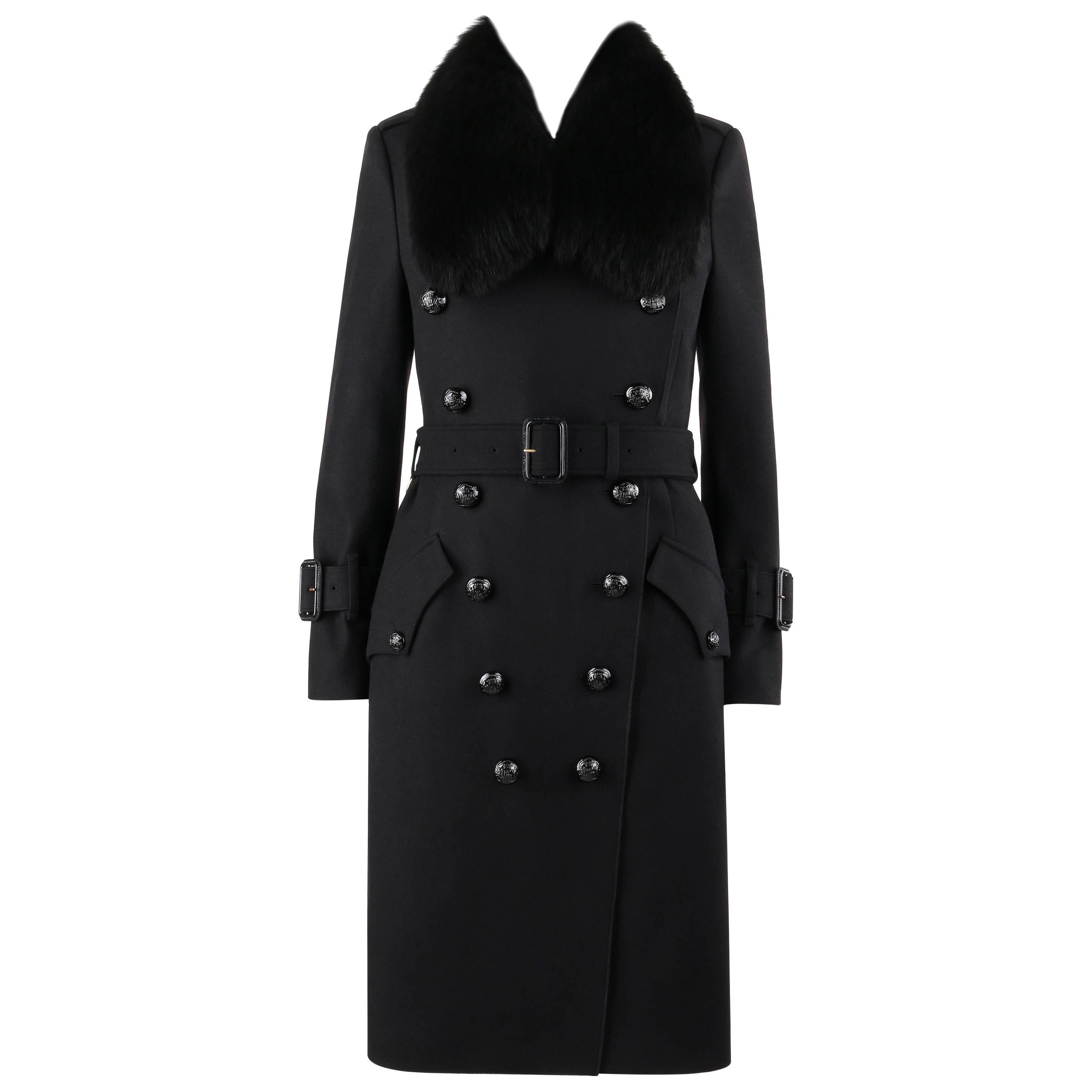 BURBERRY "Walgrave" Black Fox Fur Collar Double Breasted Belted Peacoat Trench