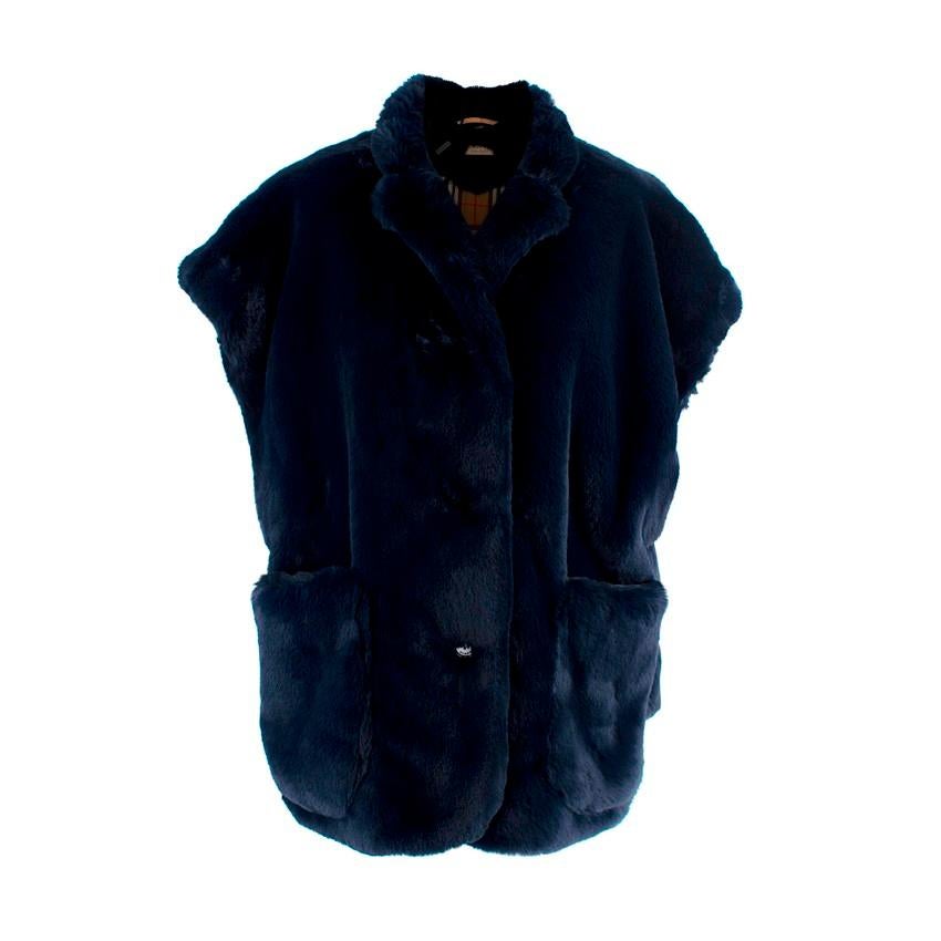 Burberry Whalton Navy Faux-Fur Short Cape Jacket For Sale