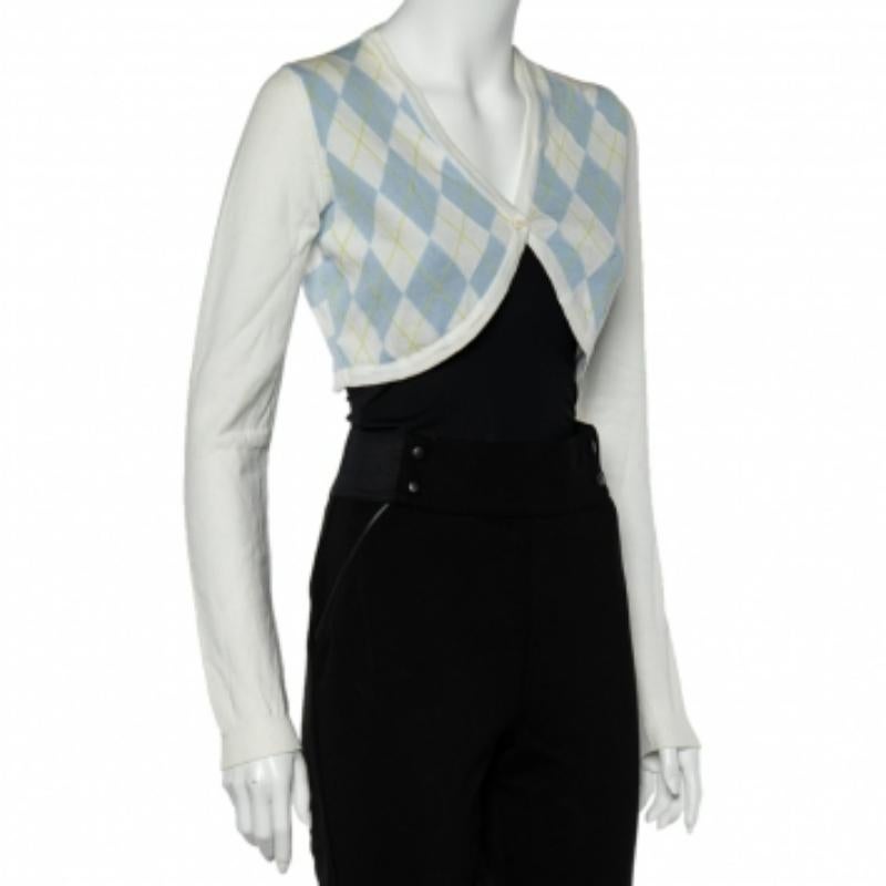 Gray Burberry White Argyle Cotton Knit Cropped Cardigan S For Sale