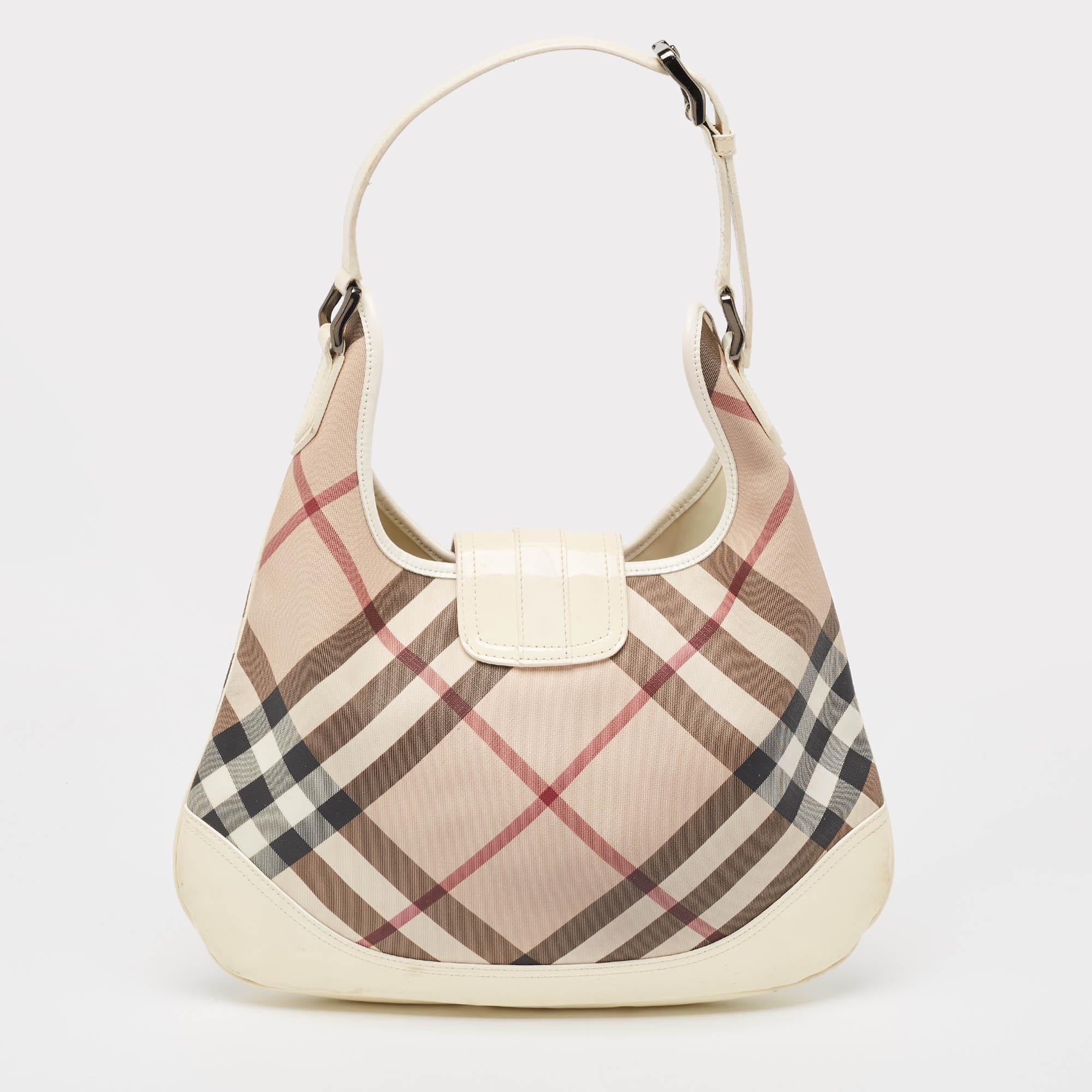 Women's Burberry White/Beige Nova Check PVC and Patent Leather Brooke Hobo