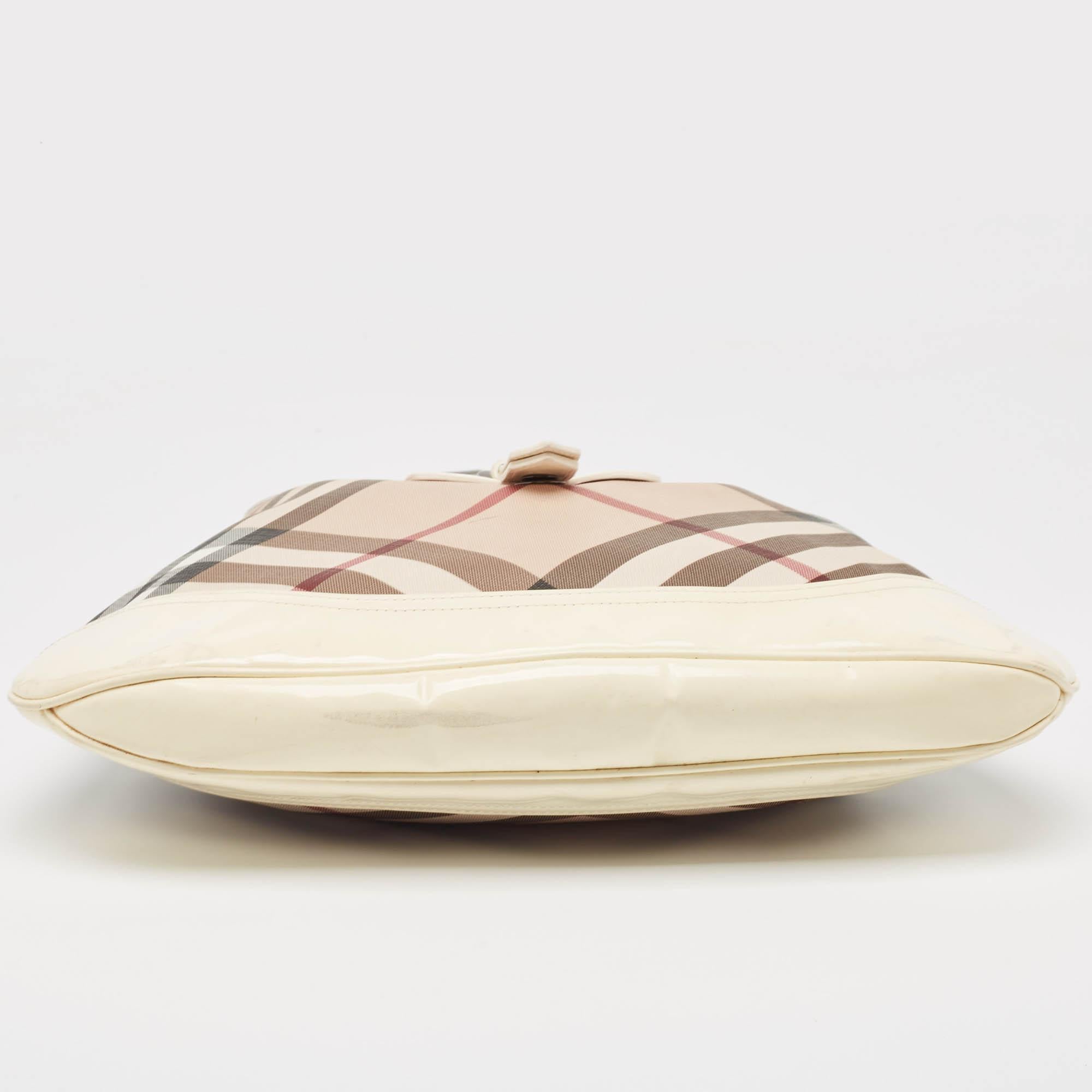 Burberry White/Beige Nova Check PVC and Patent Leather Brooke Hobo 4