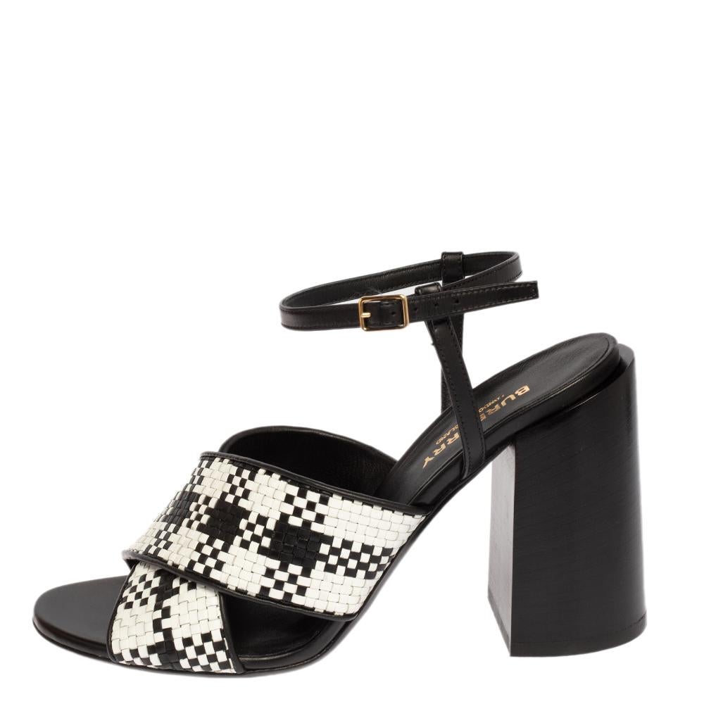 A feminine flair and a timeless appeal characterize these sophisticated Burberry sandals. They offer a minimal design, woven leather straps, and sturdy block heels. These sandals can be easily styled with a host of outfits.

Includes: Original