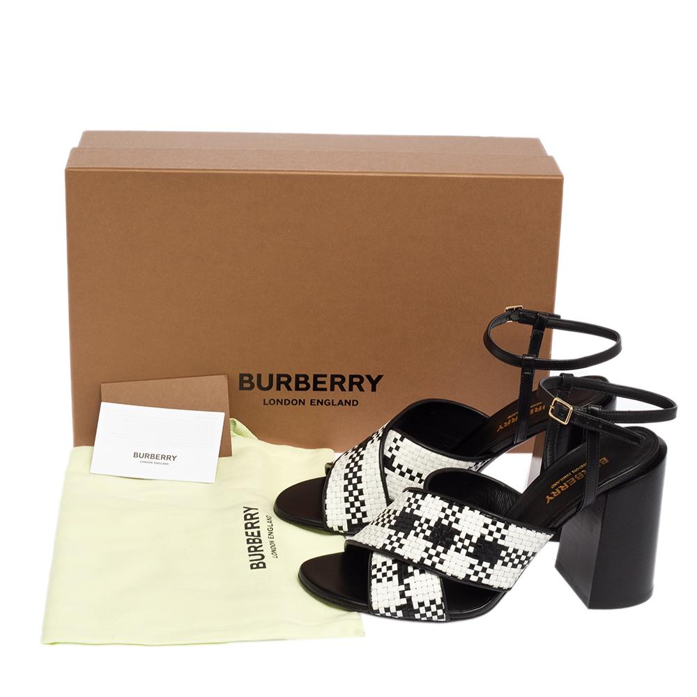 Burberry White/Black Woven Leather Block Heel Sandals Size 37.5 For Sale 2