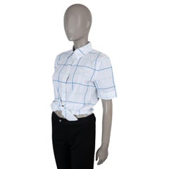 BURBERRY Camicia corta con cintura, a quadri in cotone bianco e blu, taglia M