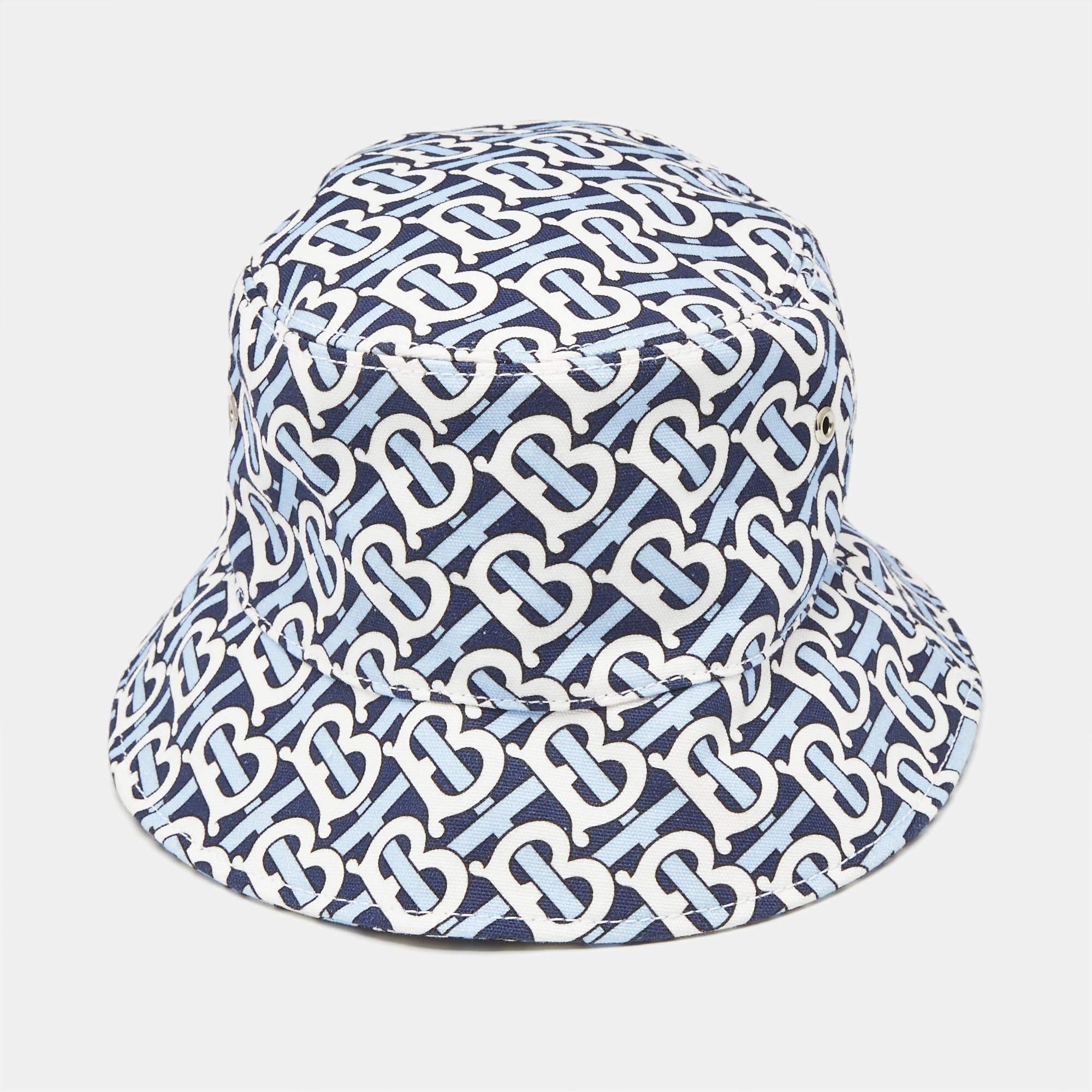 Gray Burberry White/Blue TB Monogram Cotton Bucket Hat