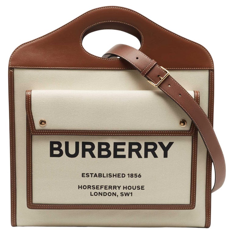Burberry White/Brown Canvas and Leather Pocket Tote For Sale at 1stDibs