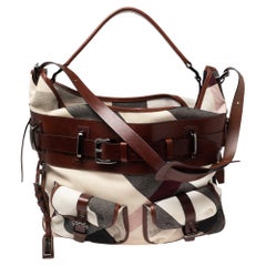 Burberry White/Brown Mega Check Canvas and Leather Front Pocket Hobo