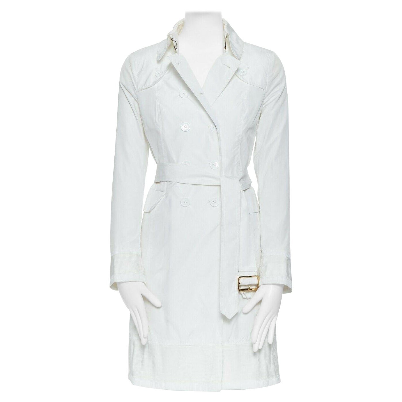 BURBERRY white cotton double breast pleat belt trench coat shoulder pad UK8 US6