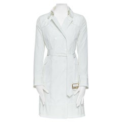 BURBERRY white cotton double breast pleat belt trench coat shoulder pad UK8 US6