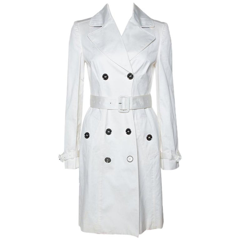 Burberry White Cotton Double Breasted Belted Trench Coat S at 1stDibs