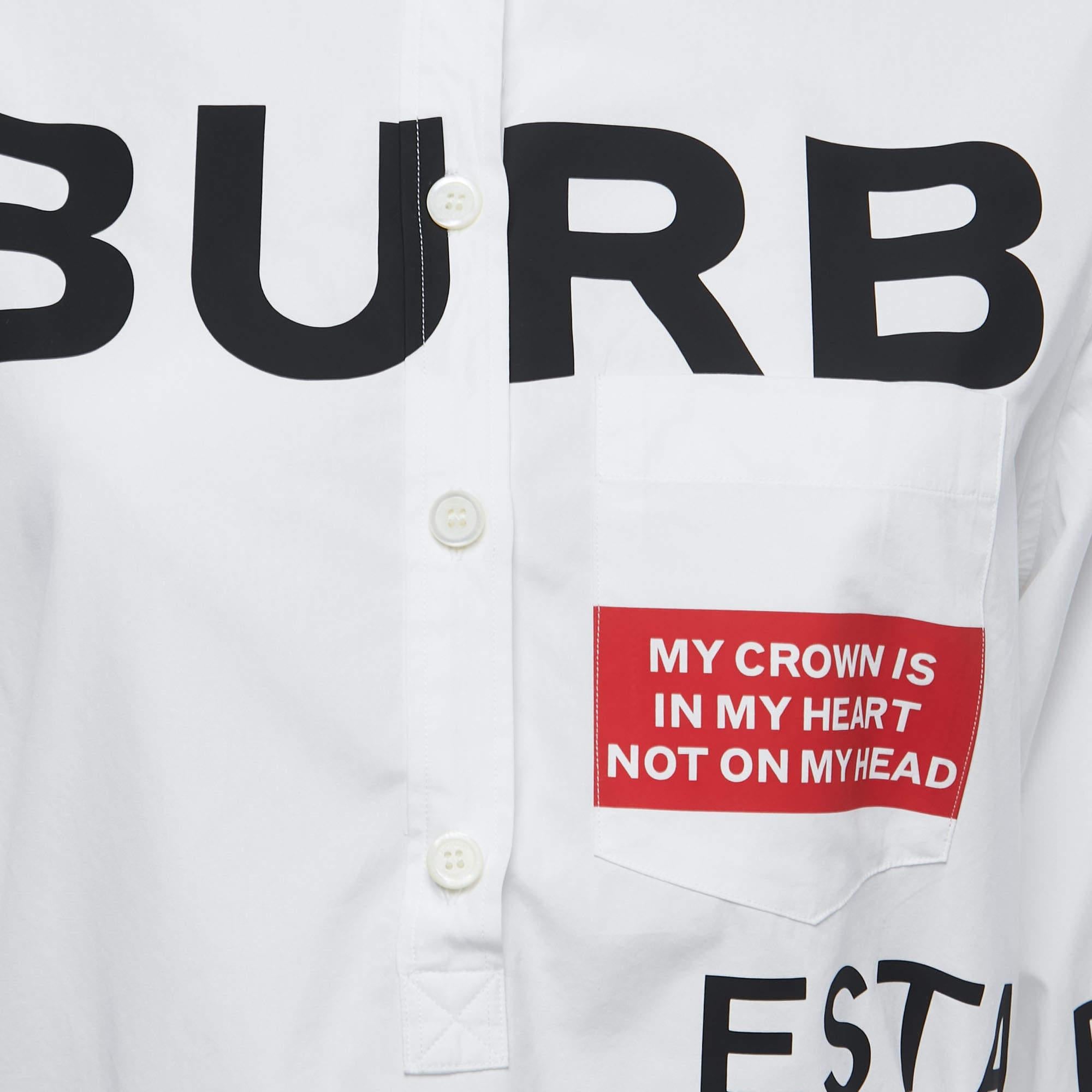 Burberry White Cotton Horseferry Print Mini Belted Shirt Dress L In Excellent Condition In Dubai, Al Qouz 2