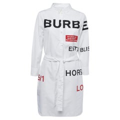 Burberry White Cotton Horseferry Print Mini Belted Shirt Dress L