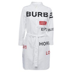 Burberry White Cotton Horseferry Print Mini Belted Shirt Dress L