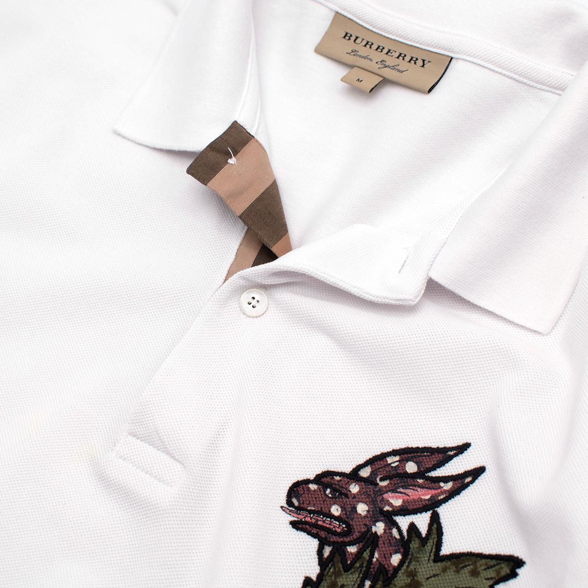 Men's Burberry White Cotton Pique Polo Shirt with Dragon Applique - US M For Sale