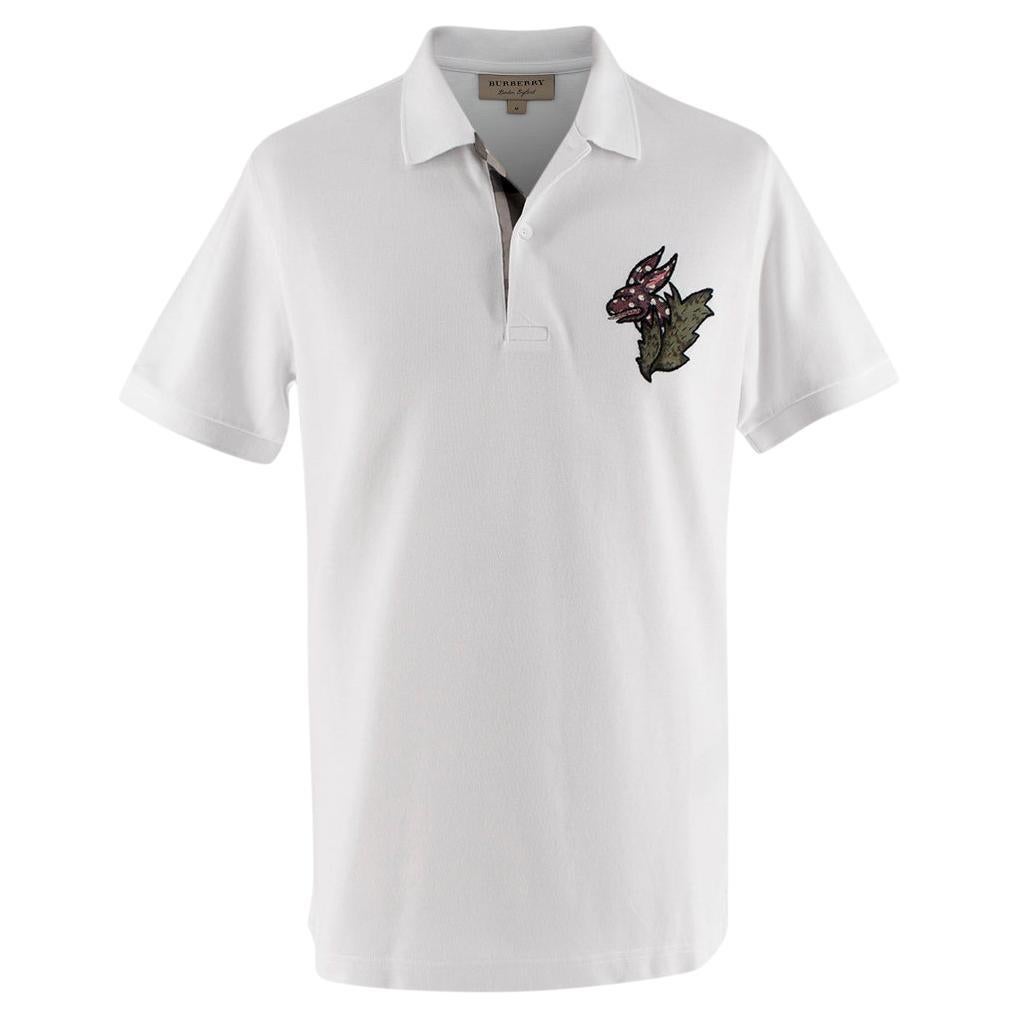 Burberry White Cotton Pique Polo Shirt with Dragon Applique - US M For Sale