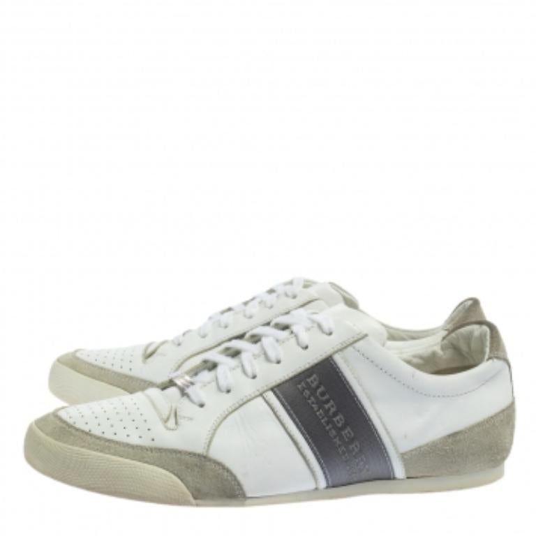 Burberry White/Grey Leather and Suede Lace Up Sneakers Size 42 For Sale 1