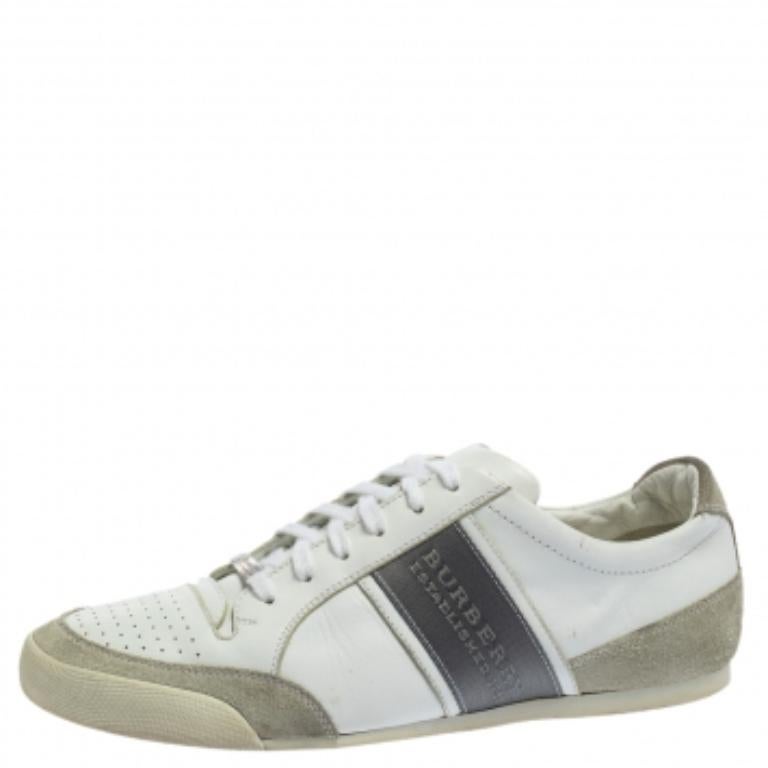 Burberry White/Grey Leather and Suede Lace Up Sneakers Size 42 For Sale 2