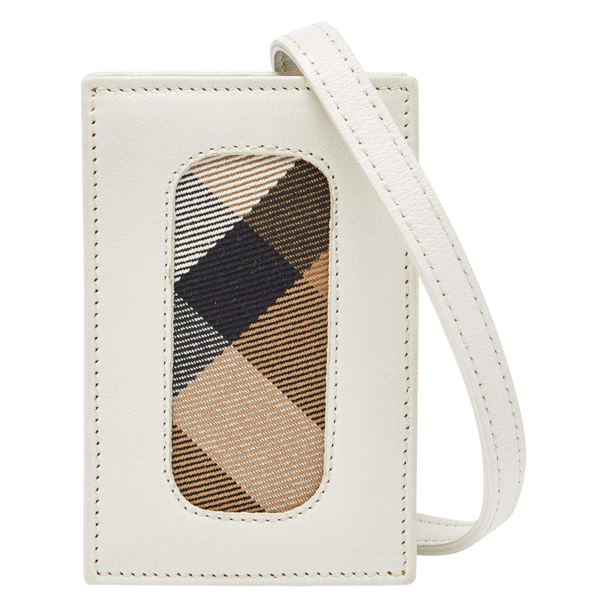Burberry White Leather and Check Canvas Card Holder with Strap
