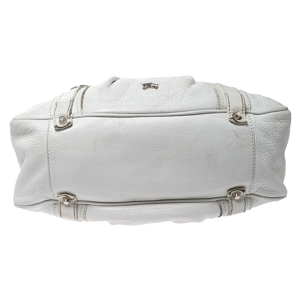 Gray Burberry White Leather Ashbury Satchel For Sale