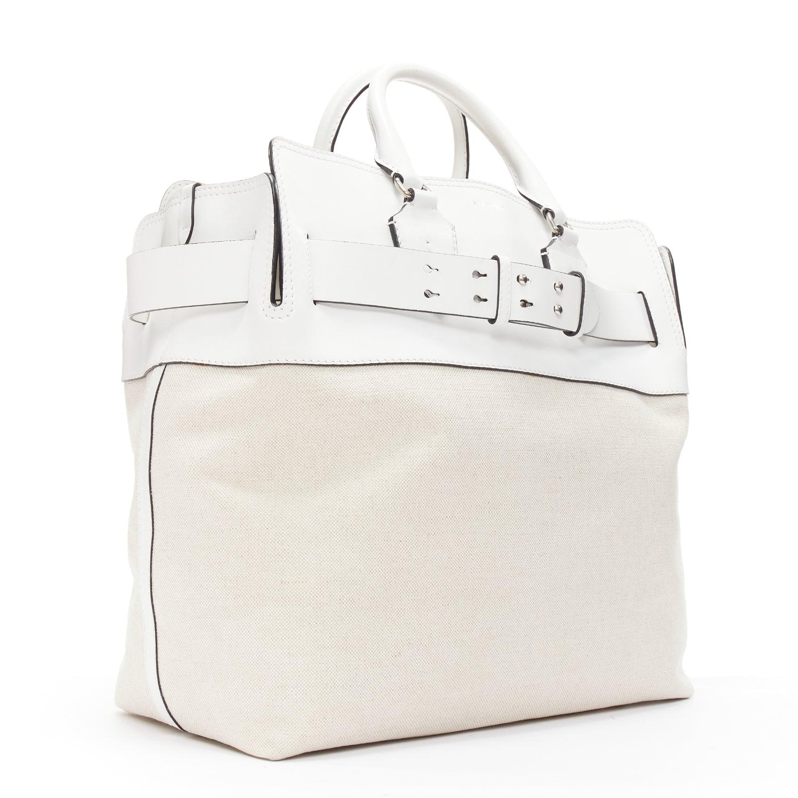 BURBERRY white leather beige canvas studded belt shoulder travel satchel bag In Good Condition In Hong Kong, NT