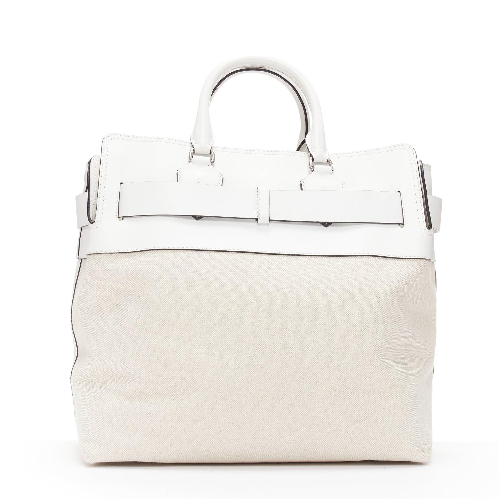 BURBERRY white leather beige canvas studded belt shoulder travel satchel bag 1