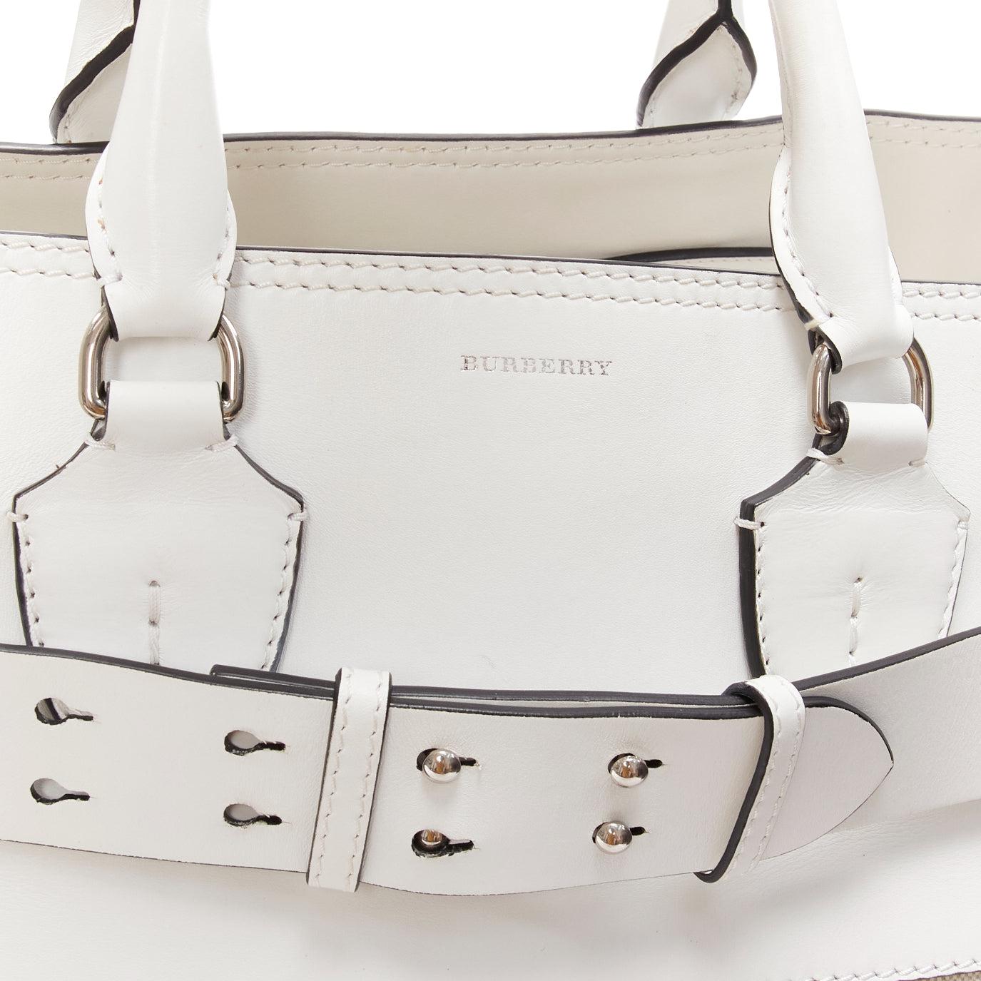 BURBERRY white leather beige canvas studded belt shoulder travel satchel bag 4