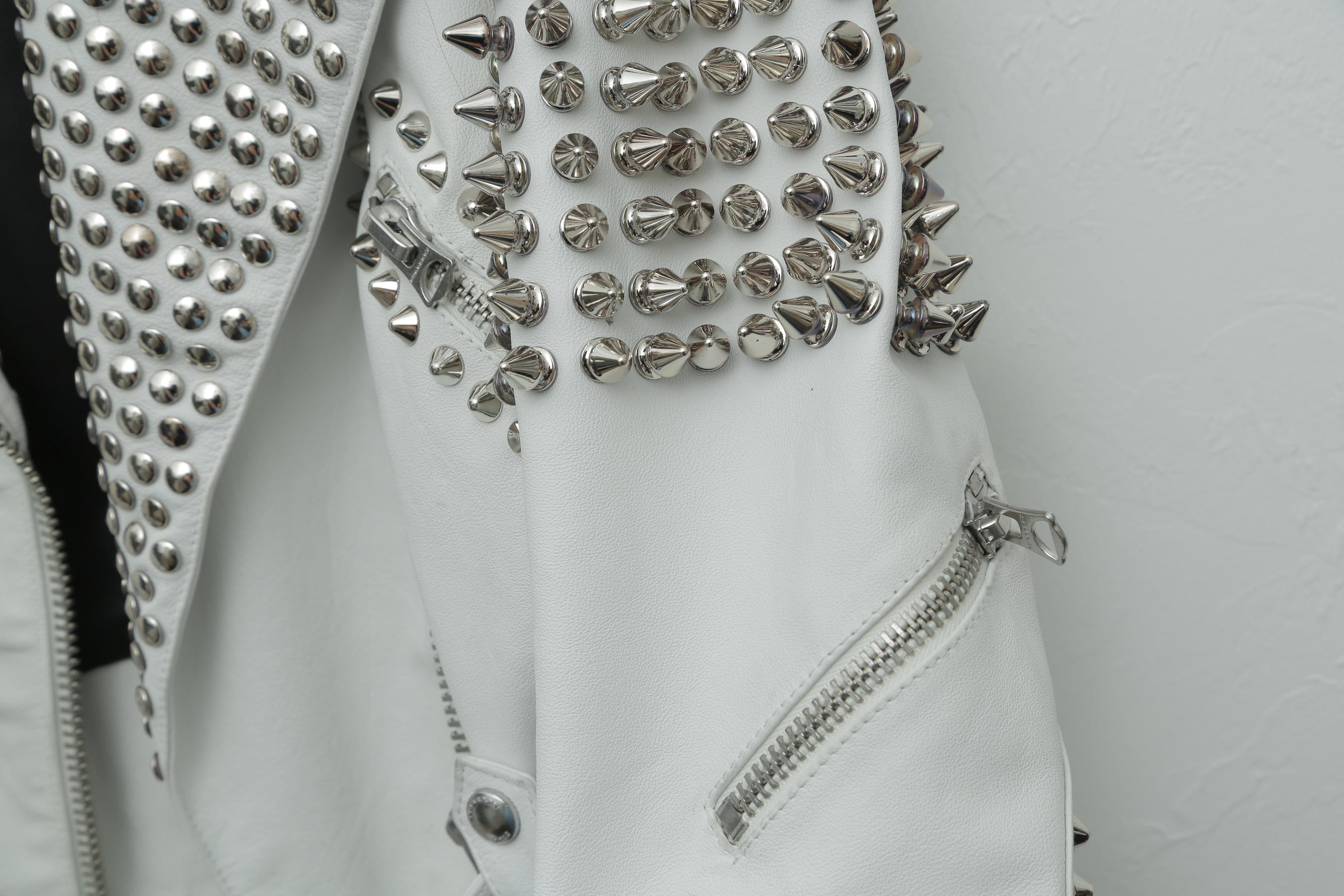 Gray Burberry White Leather Jacket  with SIlver Studs 2015 For Sale