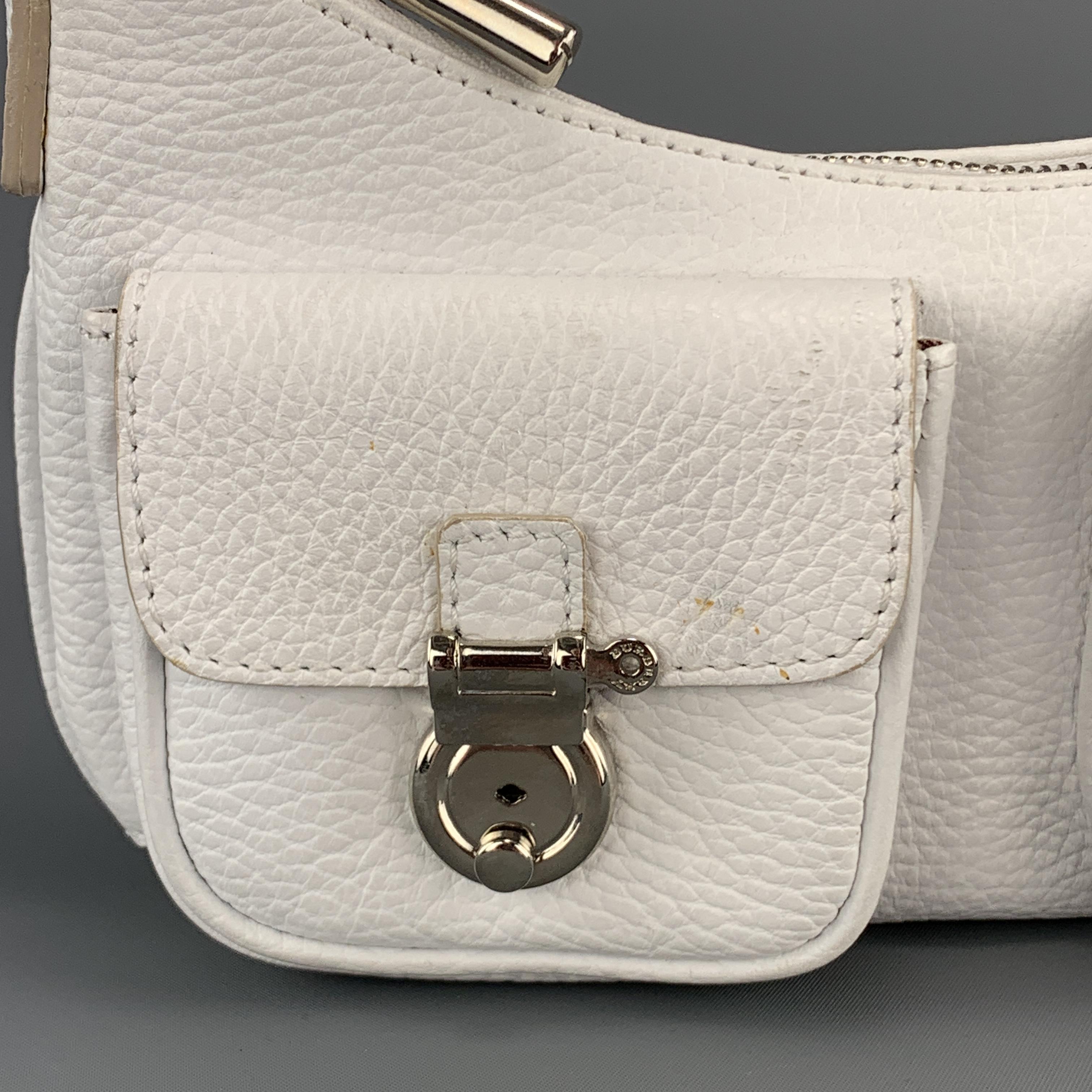 Vintage BURBERRY purse comes in white textured leather with silver tone hardware, top zip closure, and double patch flap pockets with buckles. Spot on front. As-is. 

Very Good Pre-Owned Condition.

Measurements:

Length: 10 in.
Width: 1.5
