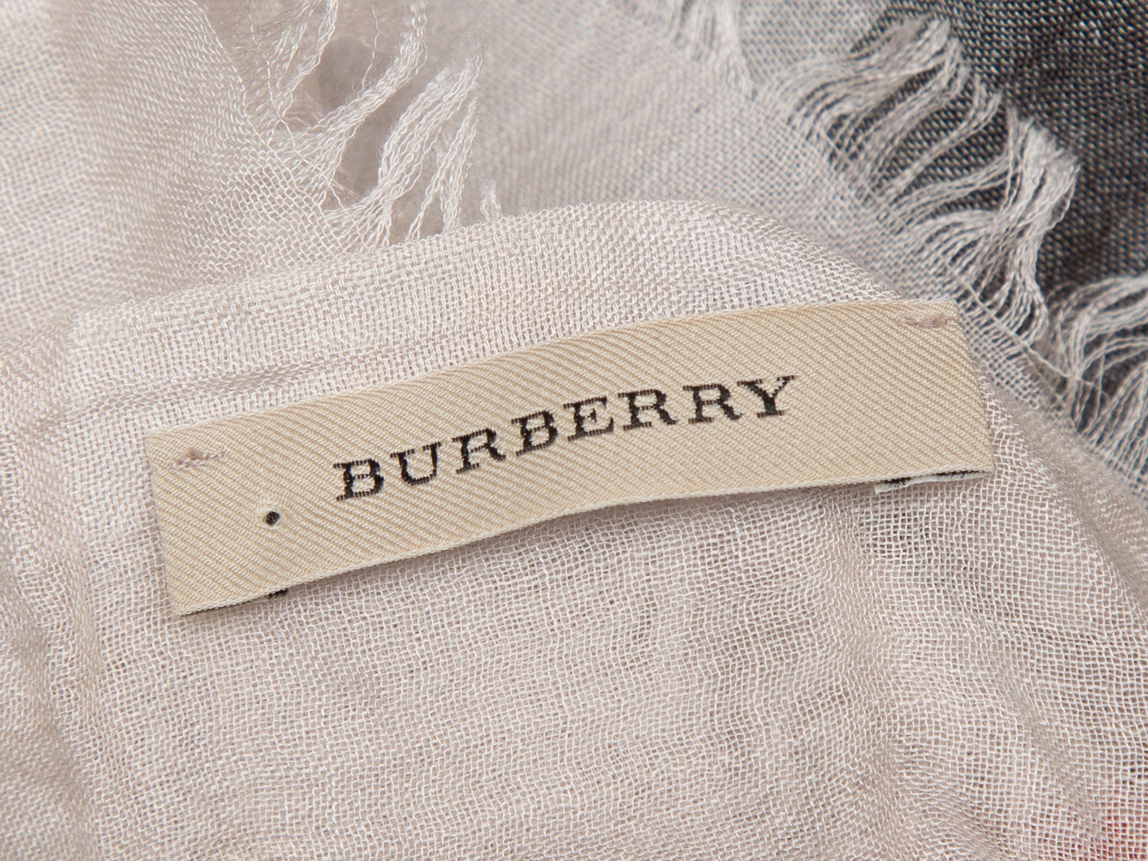 Product details: White, grey, and red silk-blend Nova Check scarf by Burberry. Fringe trim at ends. 36