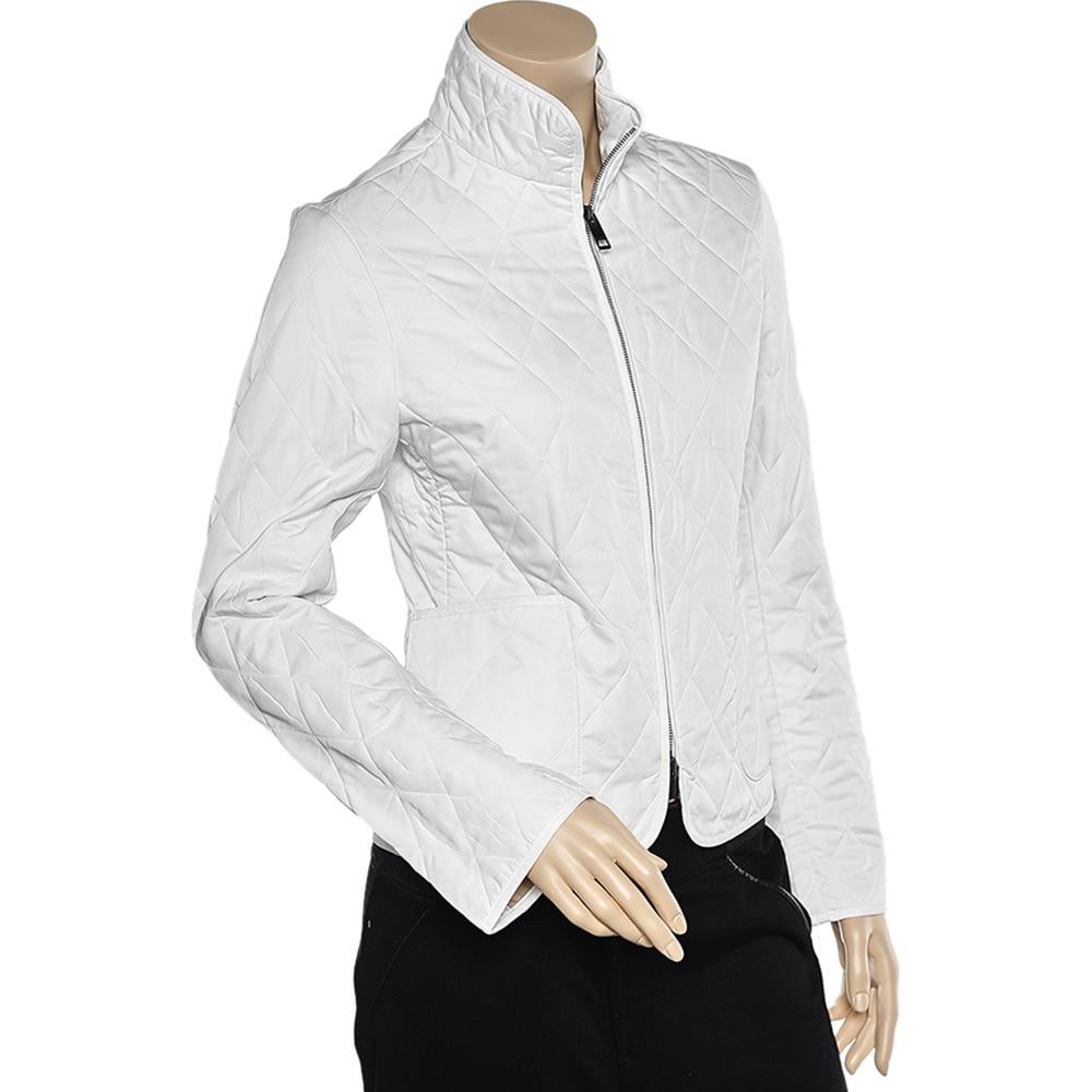 Gray Burberry White Quilted Synthetic Zip Front Jacket S For Sale