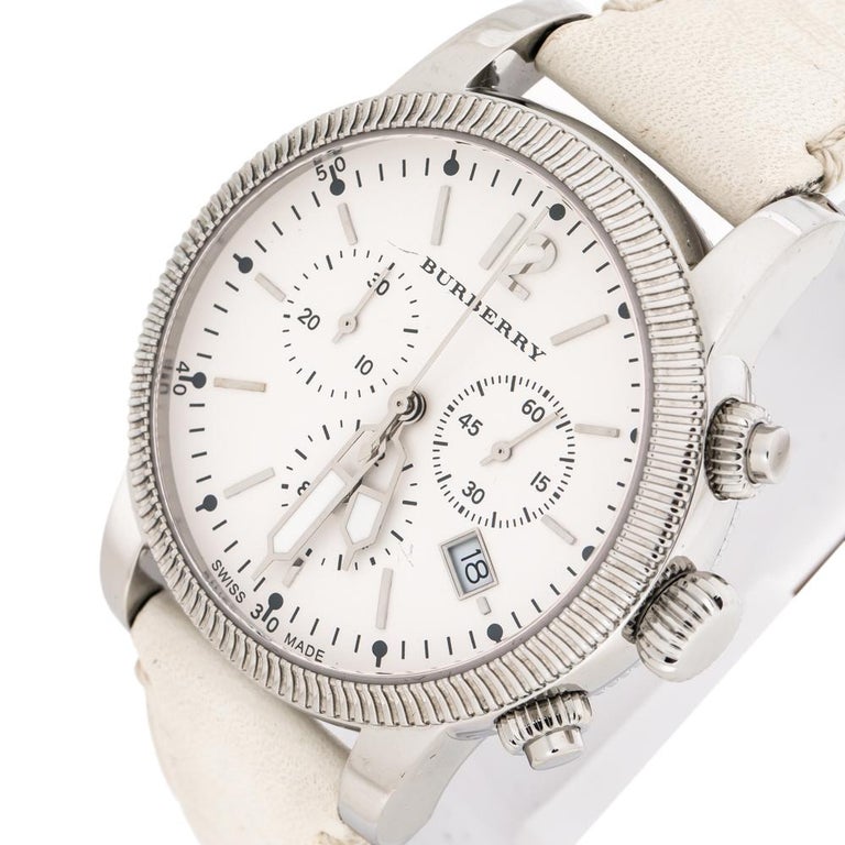 Burberry Utilitarian Chronograph White Dial White Leather Strap Watch for Women - BU7821