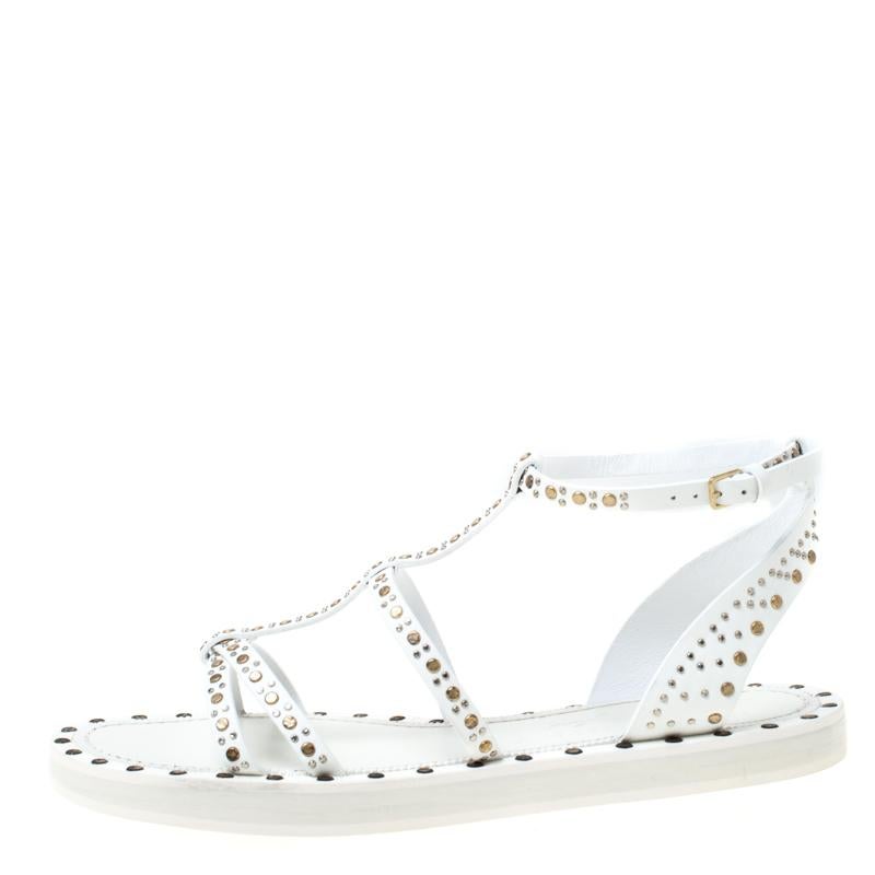 Women's Burberry White Studded Leather Hansel T-Strap Flat Sandals Size 39.5