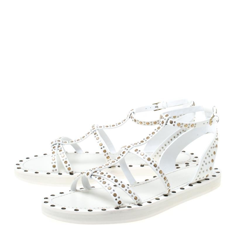 Burberry White Studded Leather Hansel T-Strap Flat Sandals Size 39.5 2