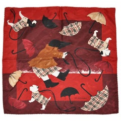 Vintage Burberry "Wind-Blown Doggies & Umbrellas" Silk Jacquard Scarf