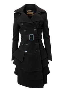 Burberry Womens Black Double Breasted Belted Tiered Trench Coat