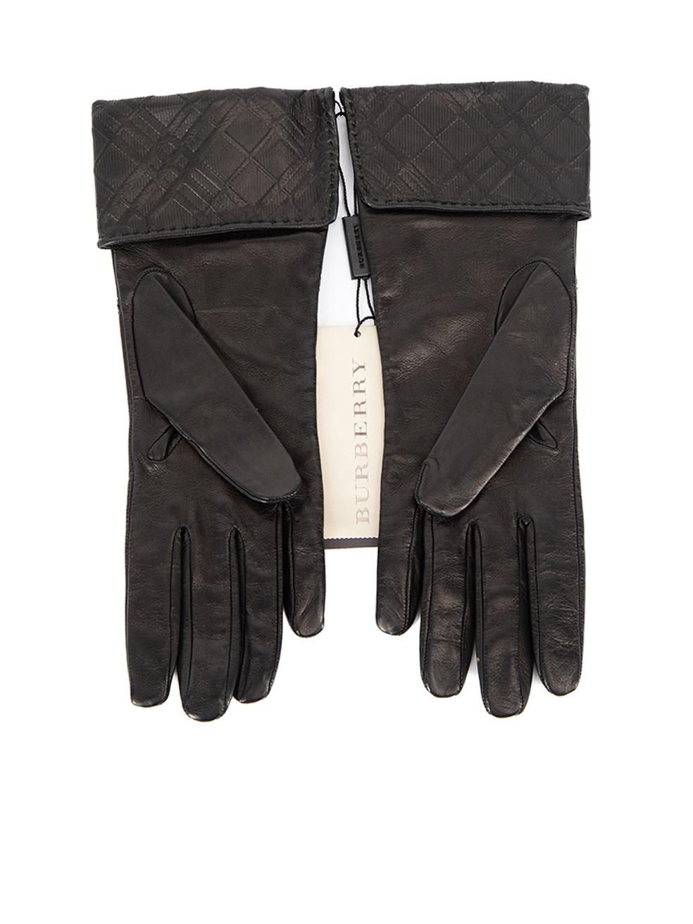 Burberry Women's Black Leather Tartan Embossed Gloves In New Condition In London, GB